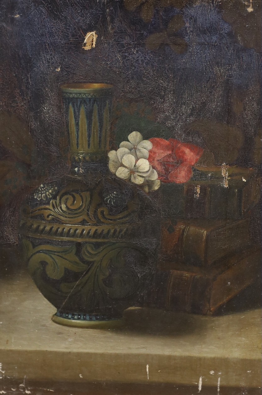 English School c.1890, oil on canvas, Still life of a Doulton vase, flowers and bindings, 37 x 26cm